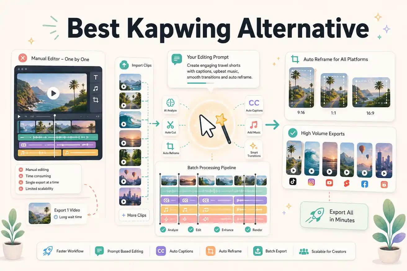 Editly prompt workflow versus Kapwing online editor timeline