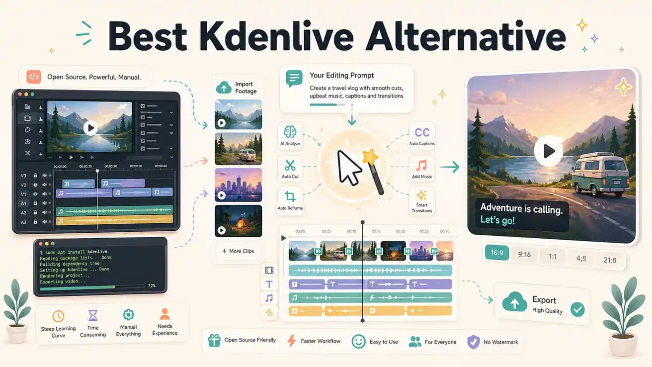 Editly AI prompt interface versus Kdenlive multi-track timeline