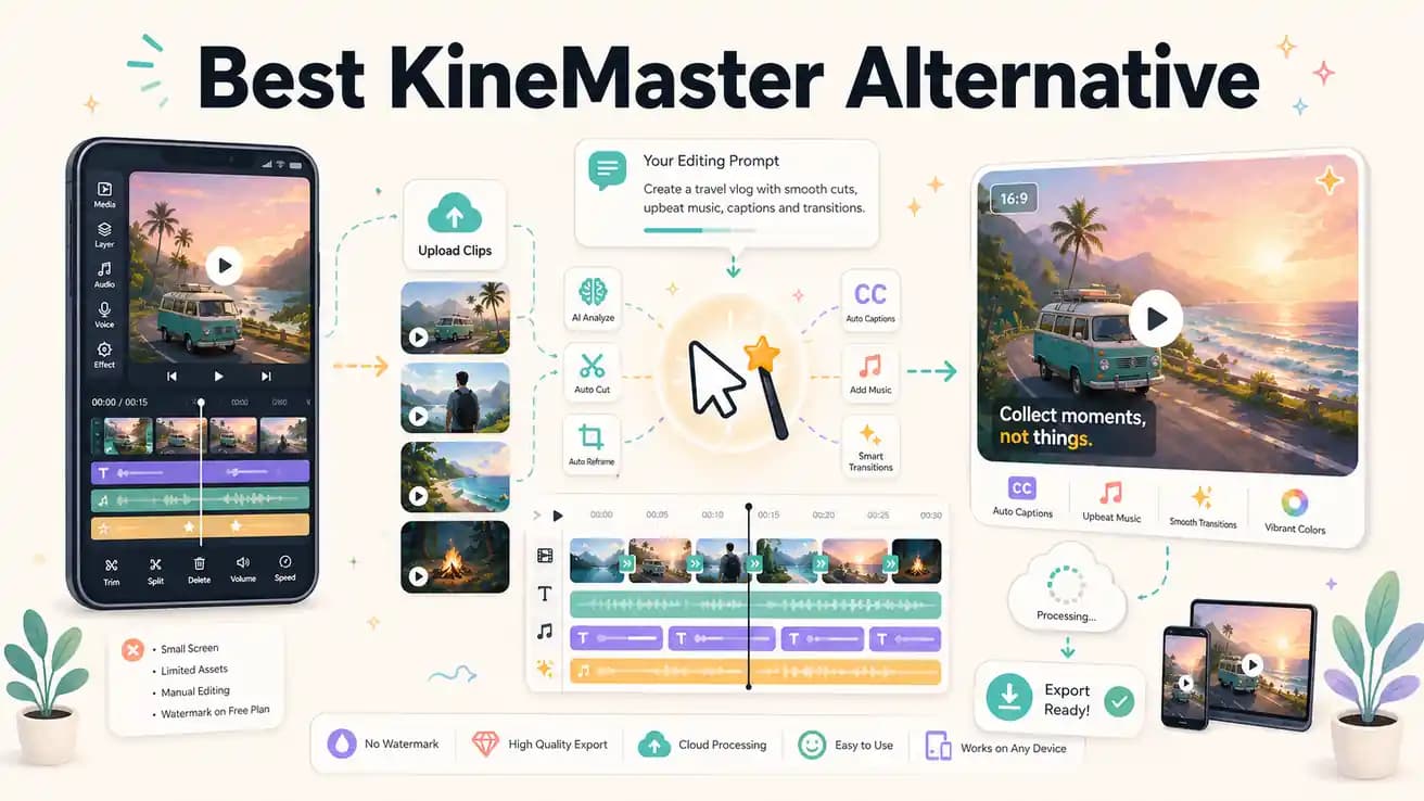 Editly browser prompt interface versus KineMaster mobile timeline