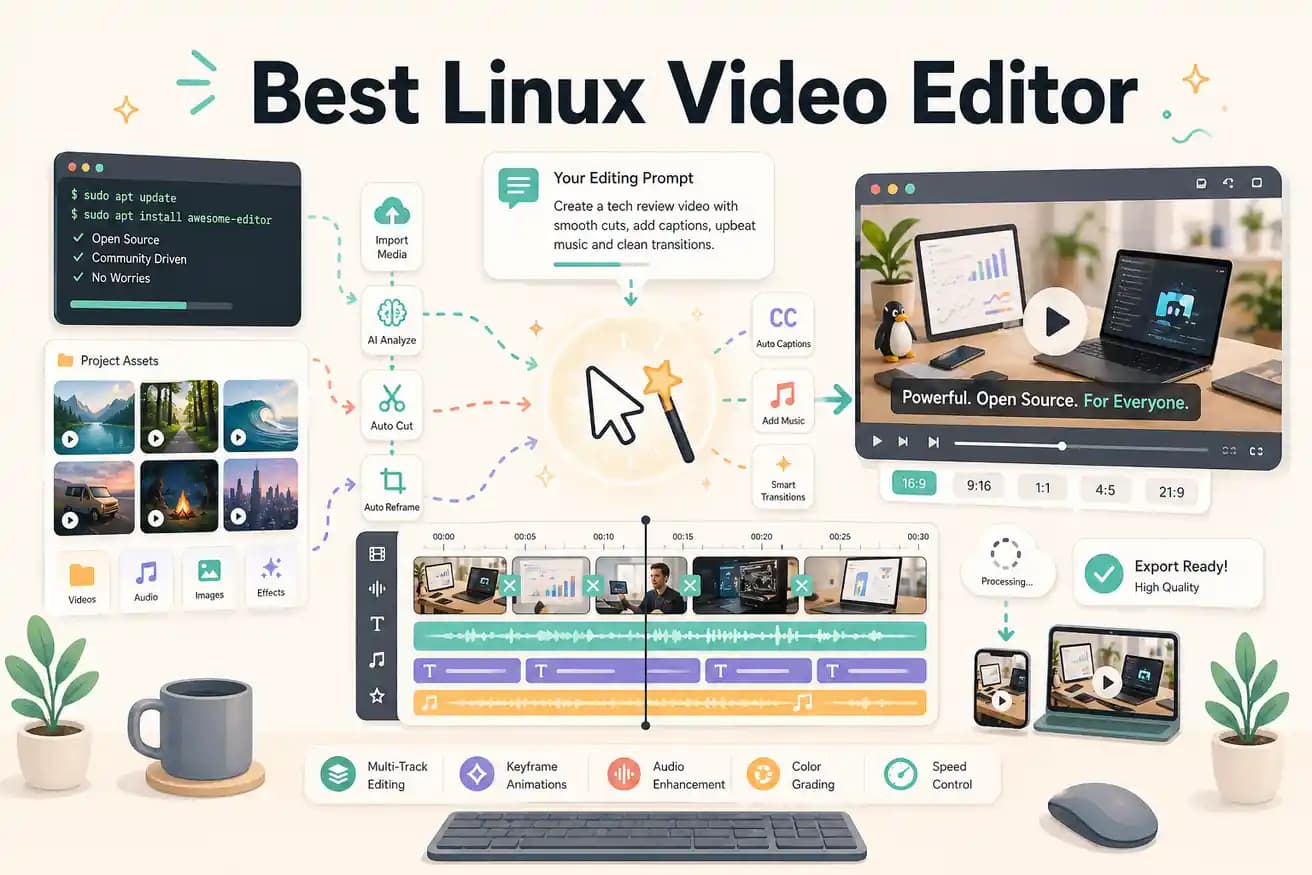 Best Linux video editor — Editly browser AI vs Kdenlive timeline