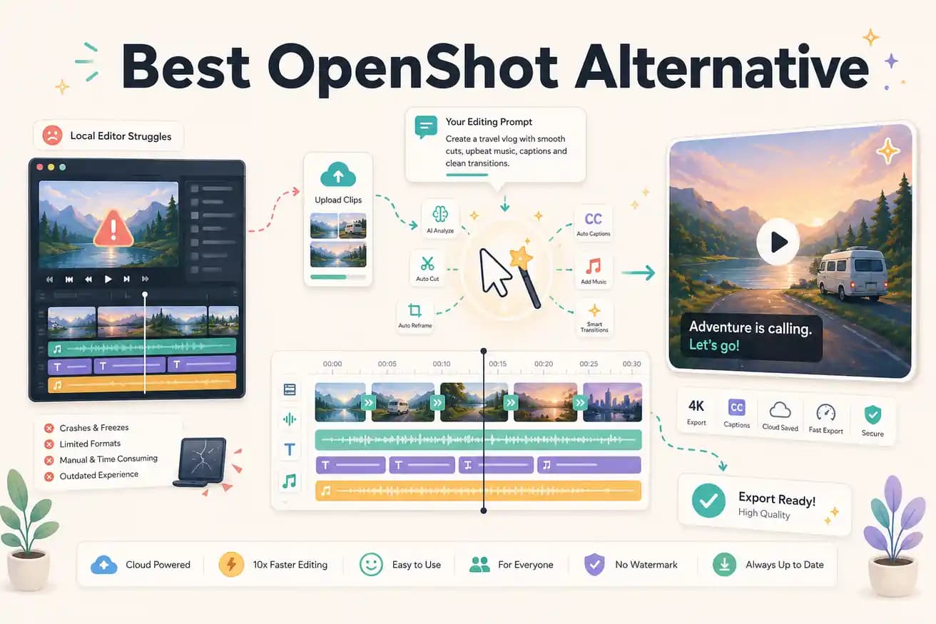 Editly cloud AI editor versus OpenShot local timeline
