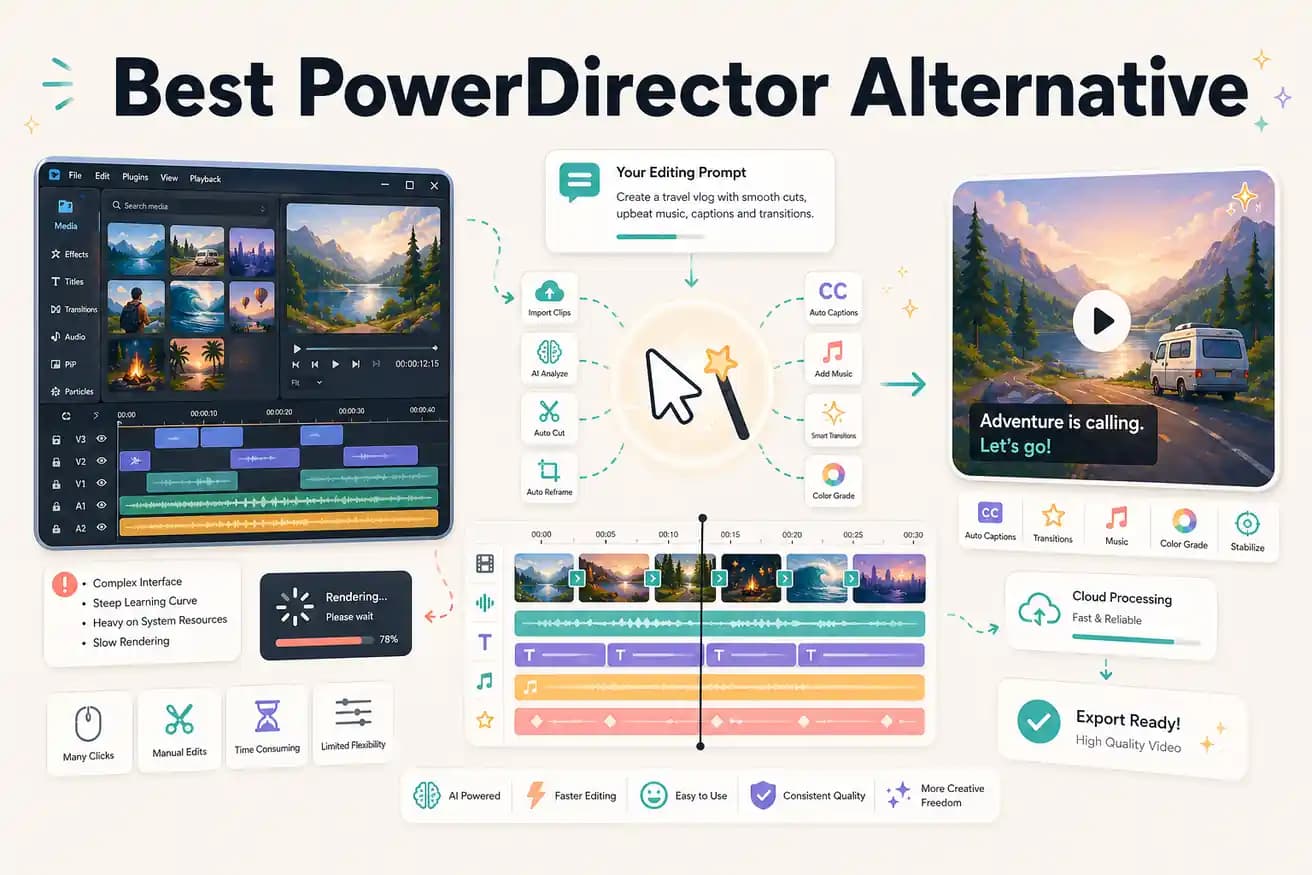 Editly browser prompt editor versus PowerDirector Windows timeline