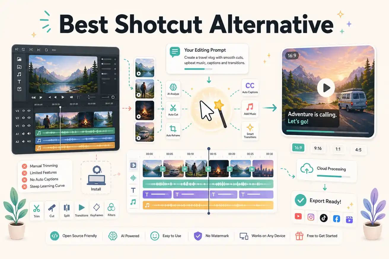 Editly AI prompt workflow versus Shotcut open-source timeline