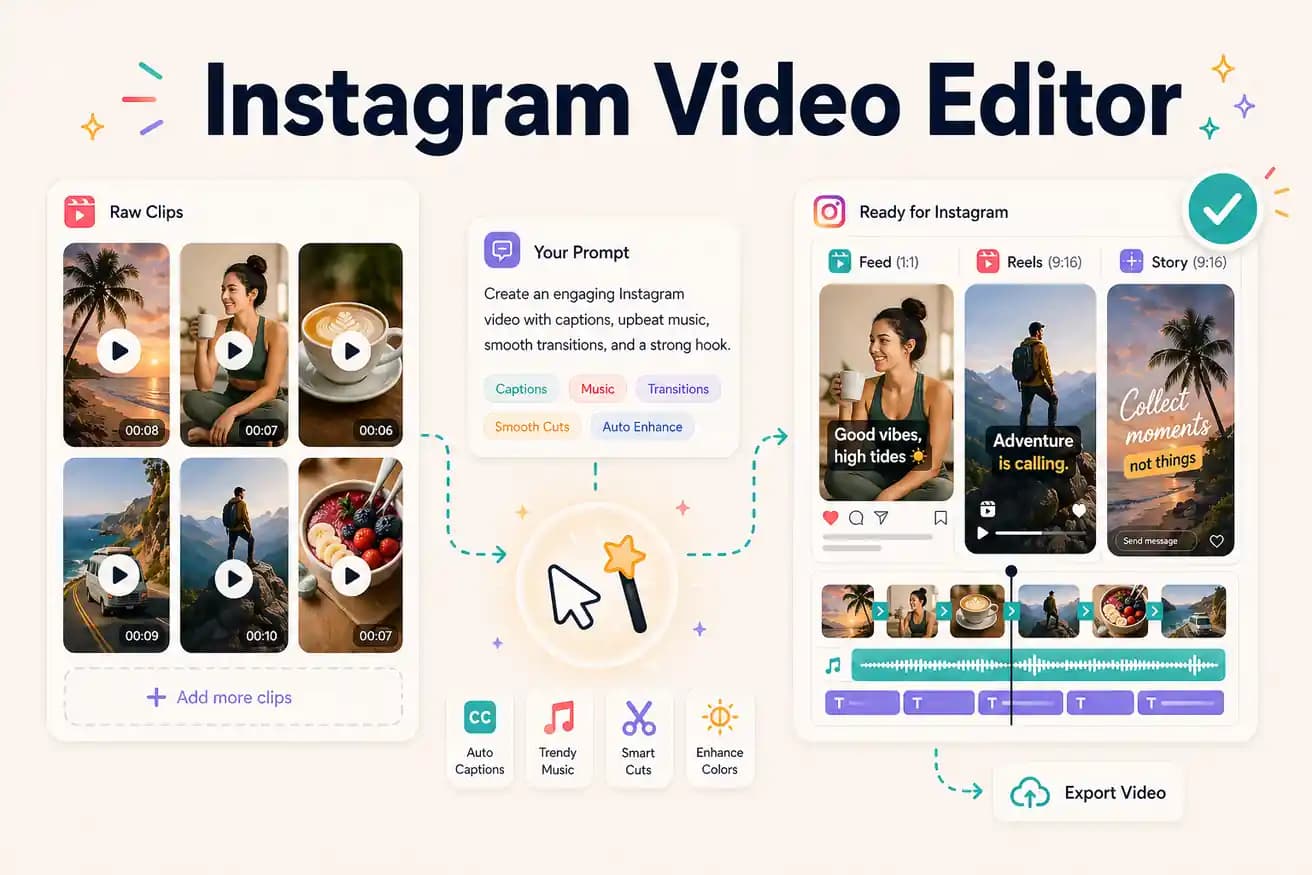 Instagram video editor — Editly AI creates Reels, Stories, and Feed video