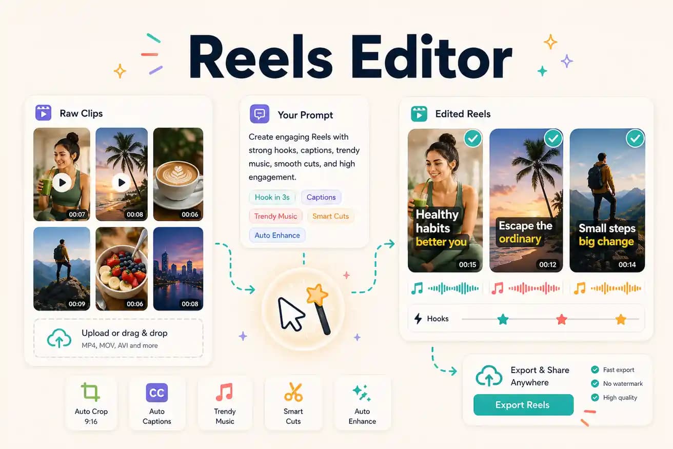 Reels editor — Editly AI creates vertical clips for all platforms