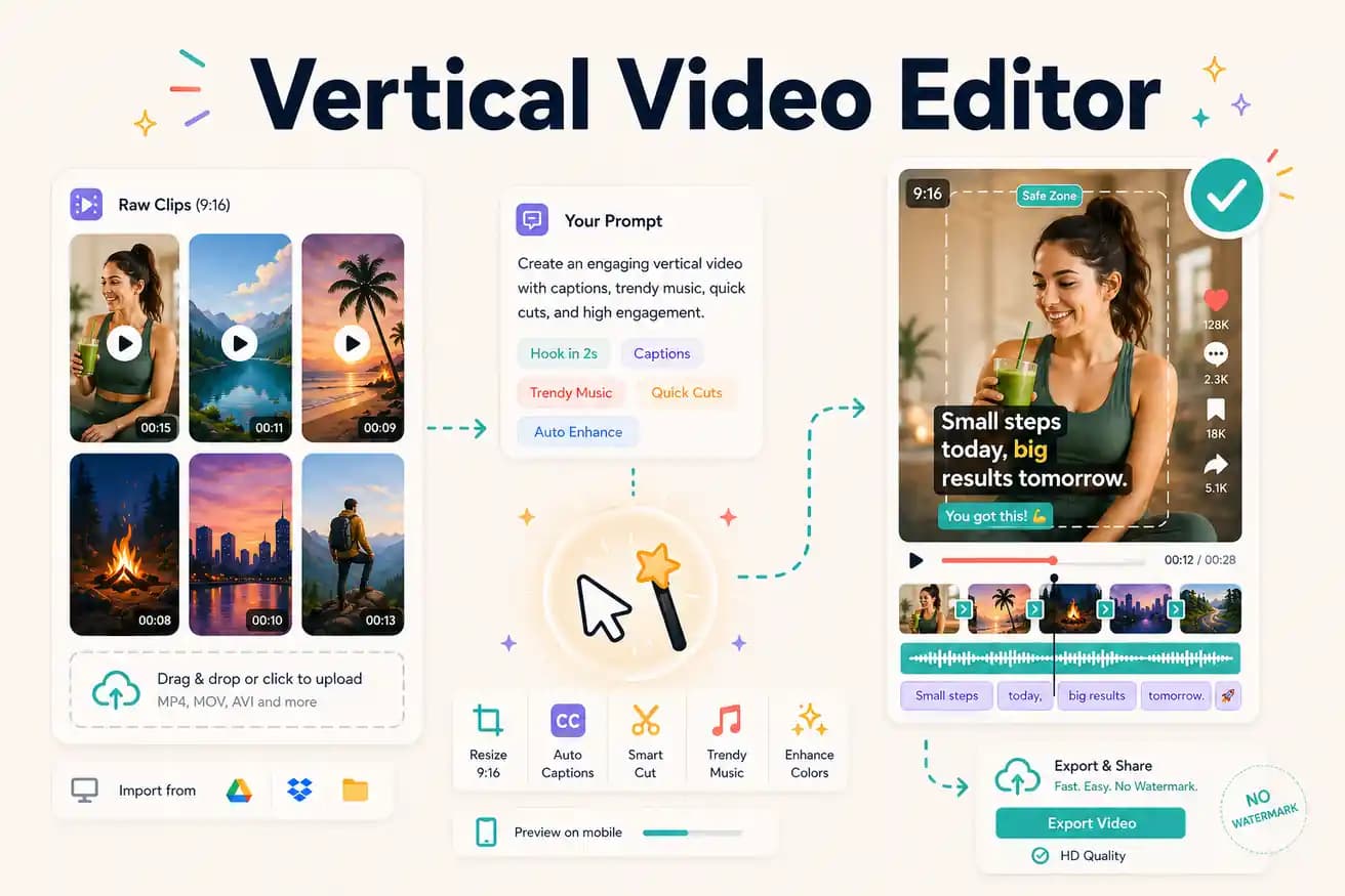 Vertical video editor — Editly 9:16 reframing from horizontal footage